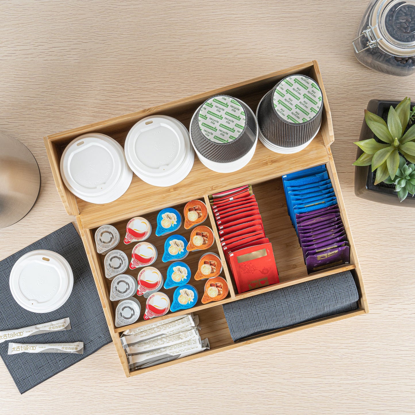 Restpresso Natural Bamboo Condiment / Coffee Cup / Lid Organizer - 15" x 14 1/4" x 9 1/4" - 1 count box
