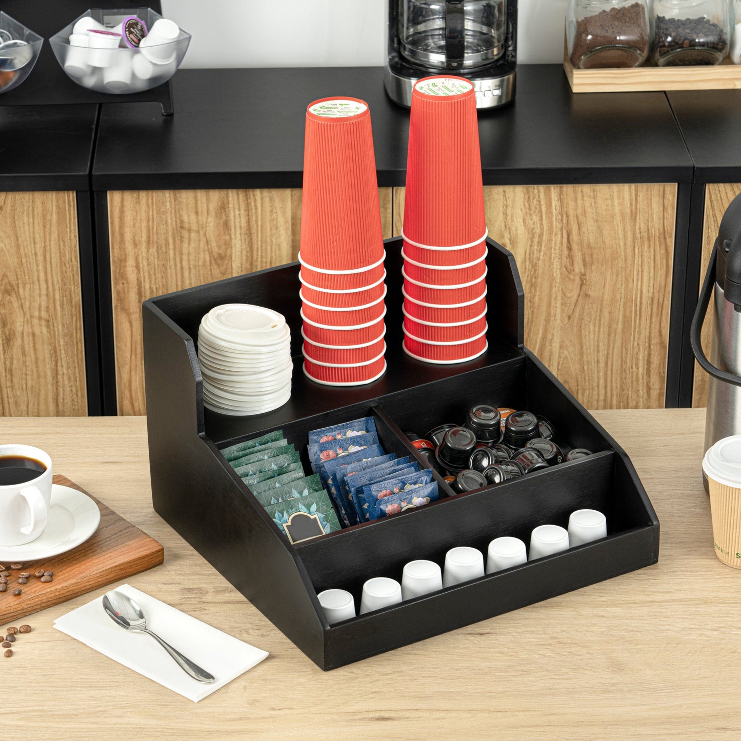 Restpresso Black Bamboo Condiment / Coffee Cup / Lid Organizer - 15" x 14 1/4" x 9 1/4" - 1 count box