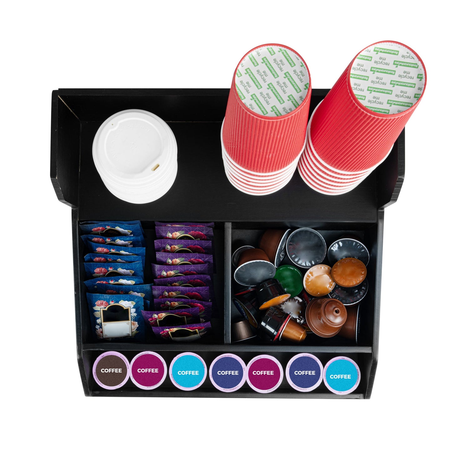 Restpresso Black Bamboo Condiment / Coffee Cup / Lid Organizer - 15" x 14 1/4" x 9 1/4" - 1 count box