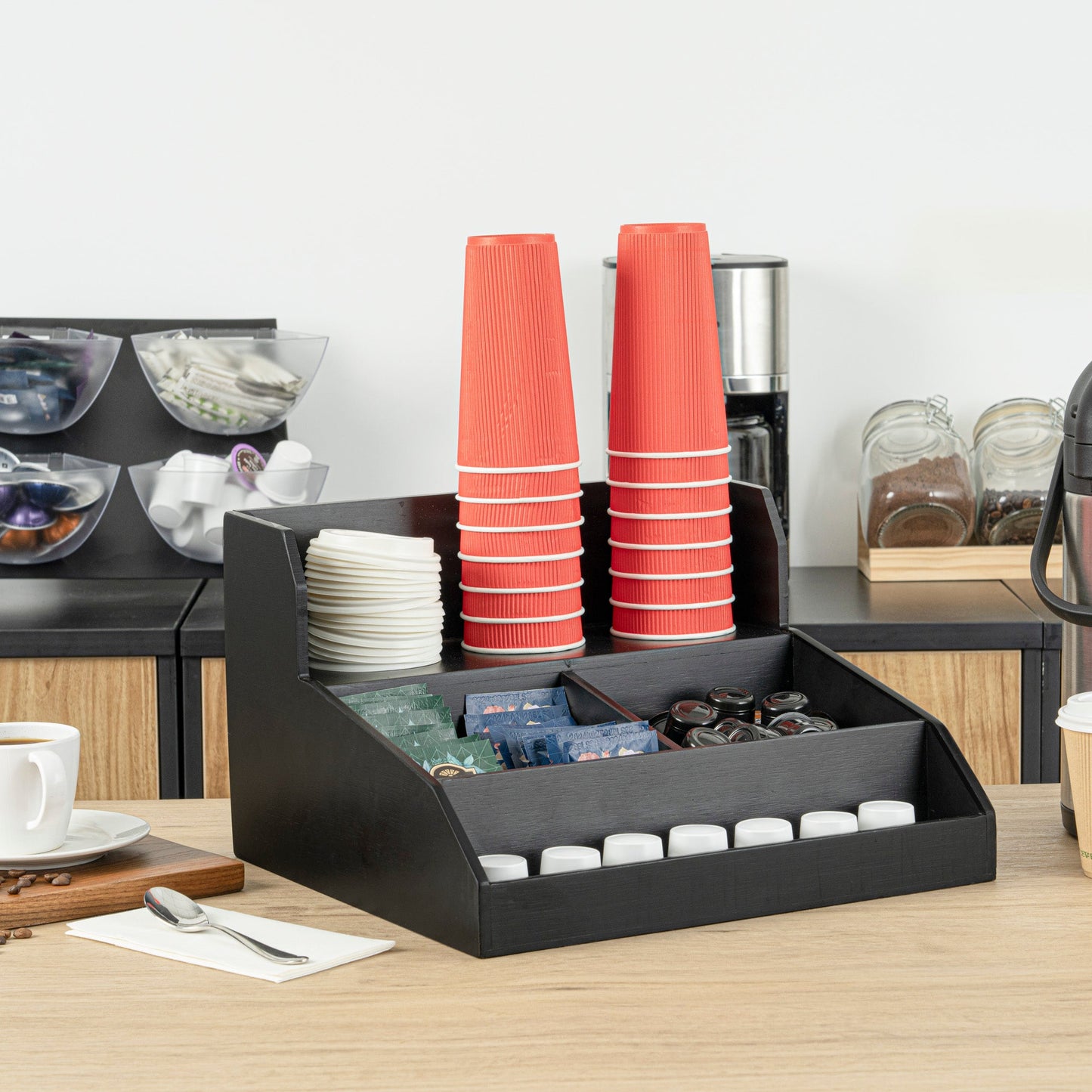 Restpresso Black Bamboo Condiment / Coffee Cup / Lid Organizer - 15" x 14 1/4" x 9 1/4" - 1 count box