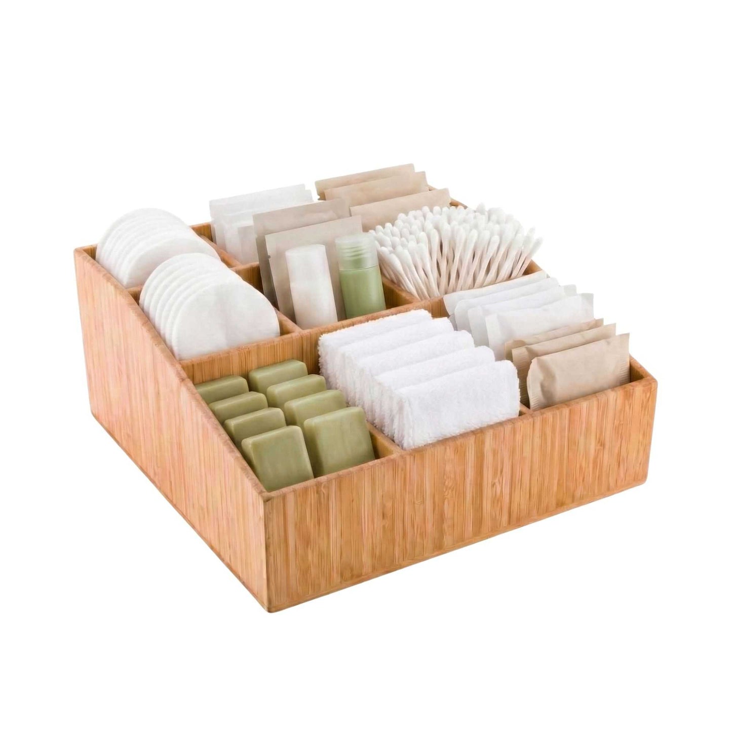 Bambuddha Square Natural Bamboo Condiment Organizer - 9 Compartments - 11 3/4" x 11 3/4" x 5 1/2" - 1 count box
