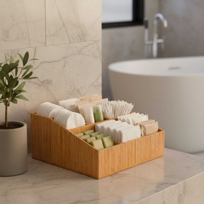 Bambuddha Square Natural Bamboo Condiment Organizer - 9 Compartments - 11 3/4" x 11 3/4" x 5 1/2" - 1 count box