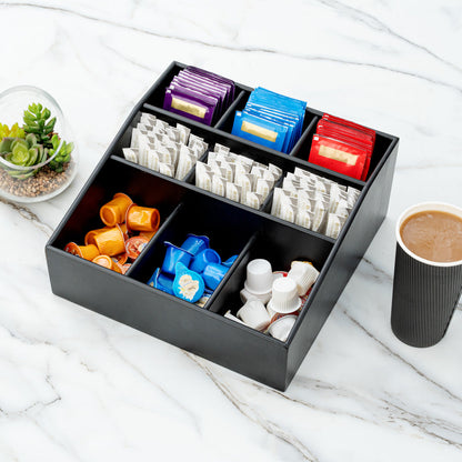 Bambuddha Square Black Bamboo Condiment Organizer - 9 Compartments - 11 3/4" x 11 3/4" x 5 1/2" - 1 count box