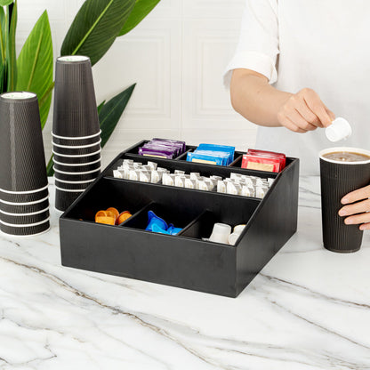 Bambuddha Square Black Bamboo Condiment Organizer - 9 Compartments - 11 3/4" x 11 3/4" x 5 1/2" - 1 count box