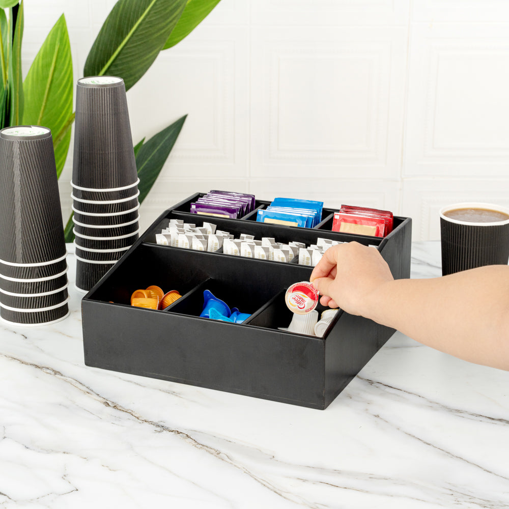 Bambuddha Square Black Bamboo Condiment Organizer - 9 Compartments - 11 3/4" x 11 3/4" x 5 1/2" - 1 count box