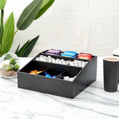 Bambuddha Square Black Bamboo Condiment Organizer - 9 Compartments - 11 3/4" x 11 3/4" x 5 1/2" - 1 count box