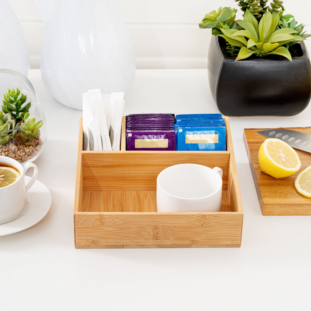 Restpresso Square Natural Bamboo Packet Organizer - 8 1/4" x 8 1/4" x 2" - 1 count box