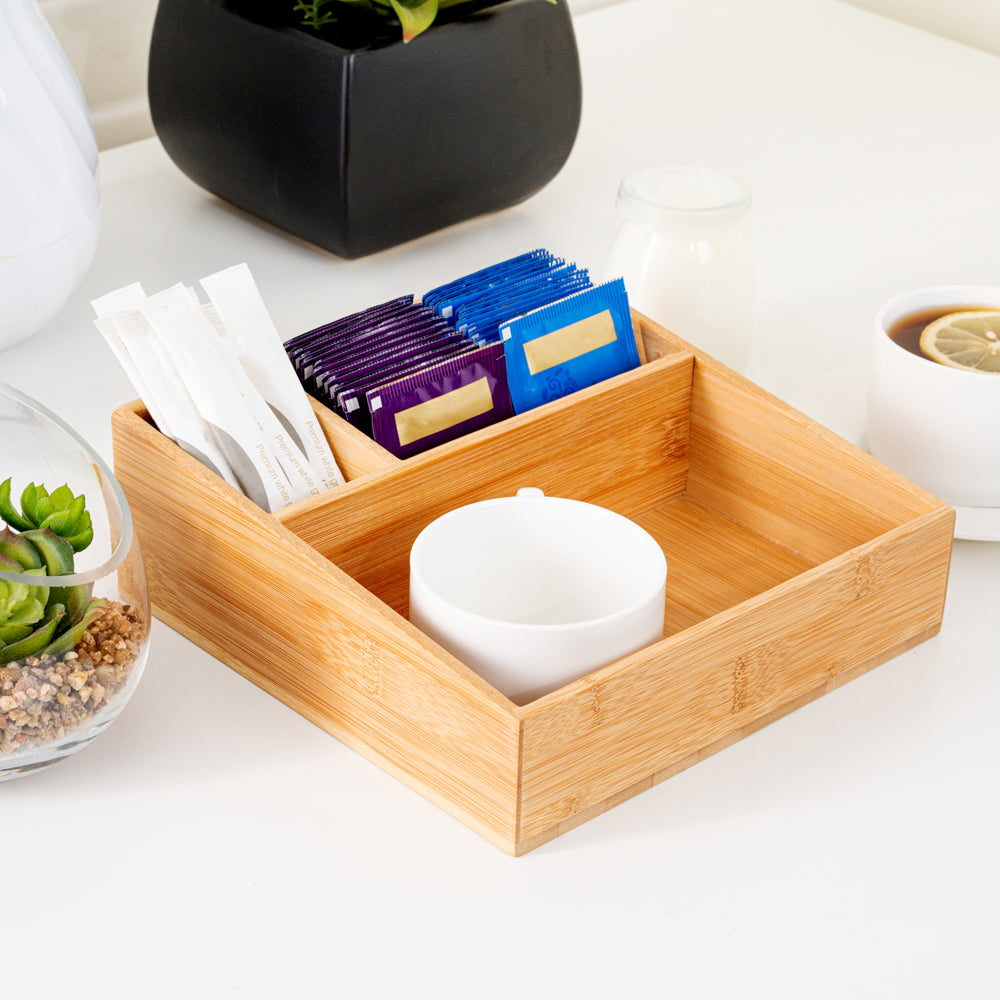 Restpresso Square Natural Bamboo Packet Organizer - 8 1/4" x 8 1/4" x 2" - 1 count box