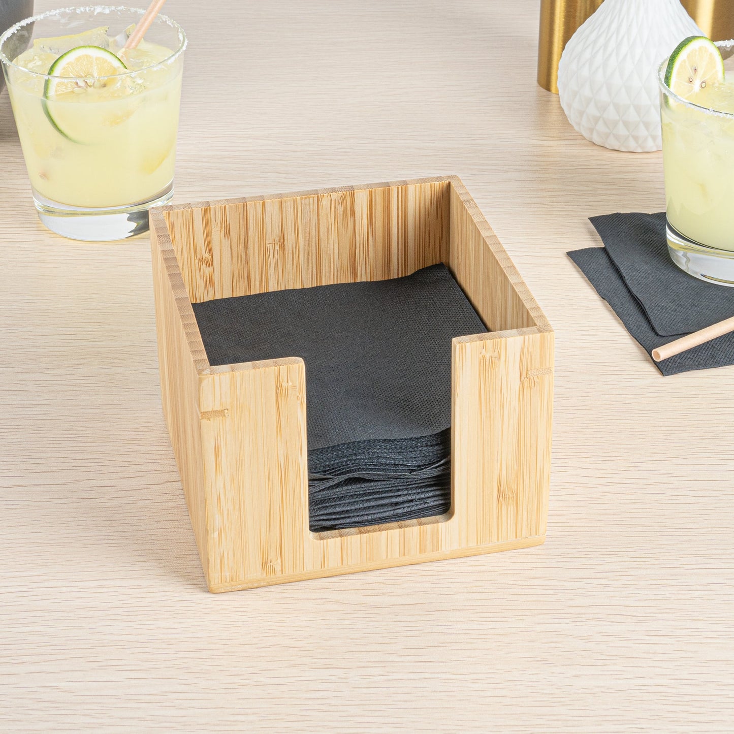 Nature Tek Square Natural Bamboo Cocktail Napkin Holder - 5 1/2" x 5 1/2" x 4" - 1 count box