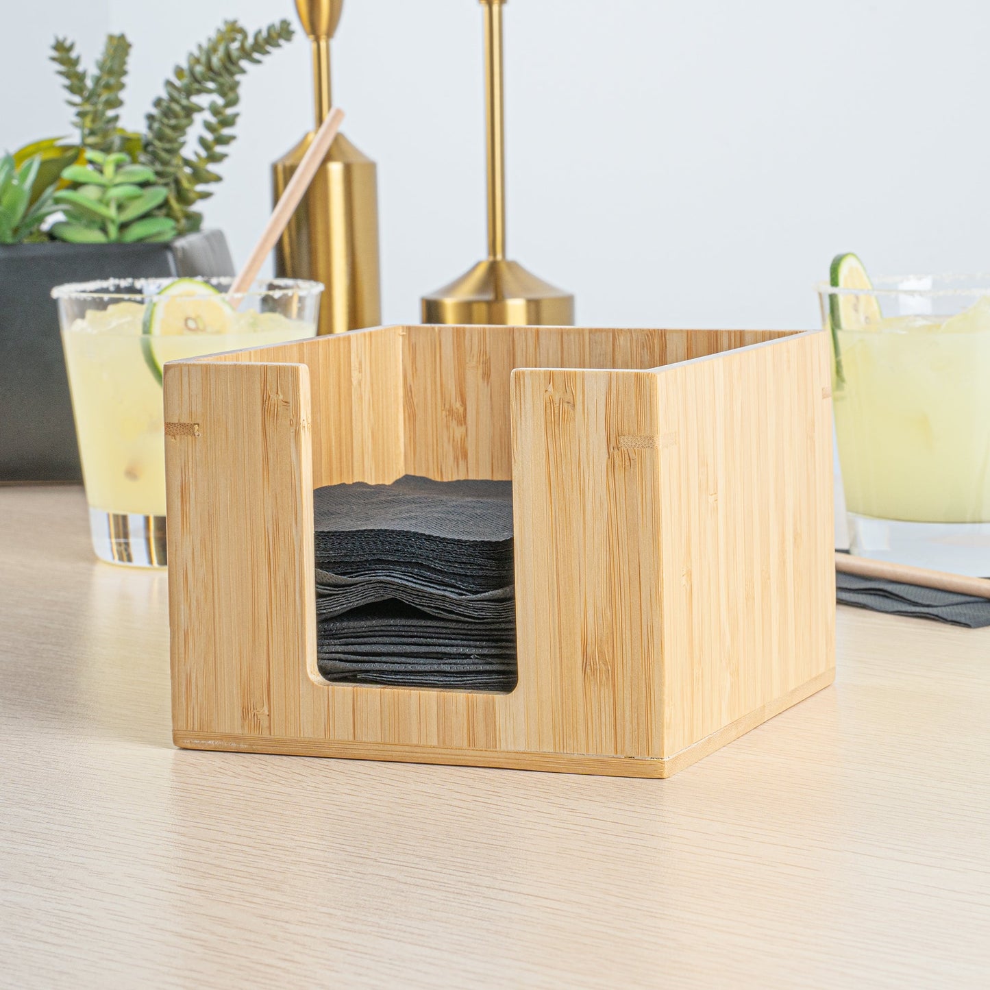Nature Tek Square Natural Bamboo Cocktail Napkin Holder - 5 1/2" x 5 1/2" x 4" - 1 count box