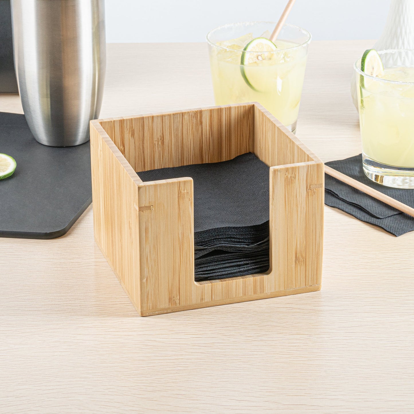 Nature Tek Square Natural Bamboo Cocktail Napkin Holder - 5 1/2" x 5 1/2" x 4" - 1 count box