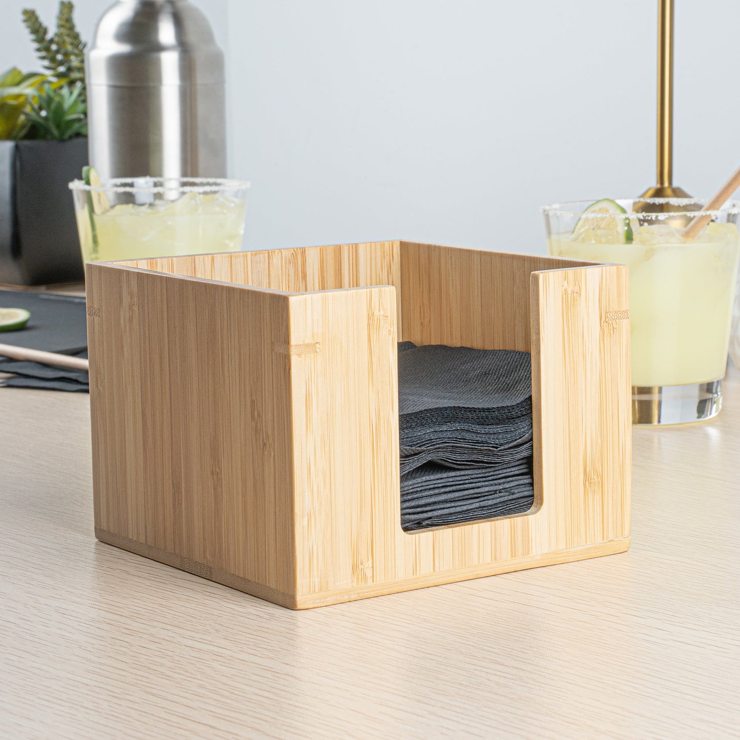 Nature Tek Square Natural Bamboo Cocktail Napkin Holder - 5 1/2" x 5 1/2" x 4" - 1 count box