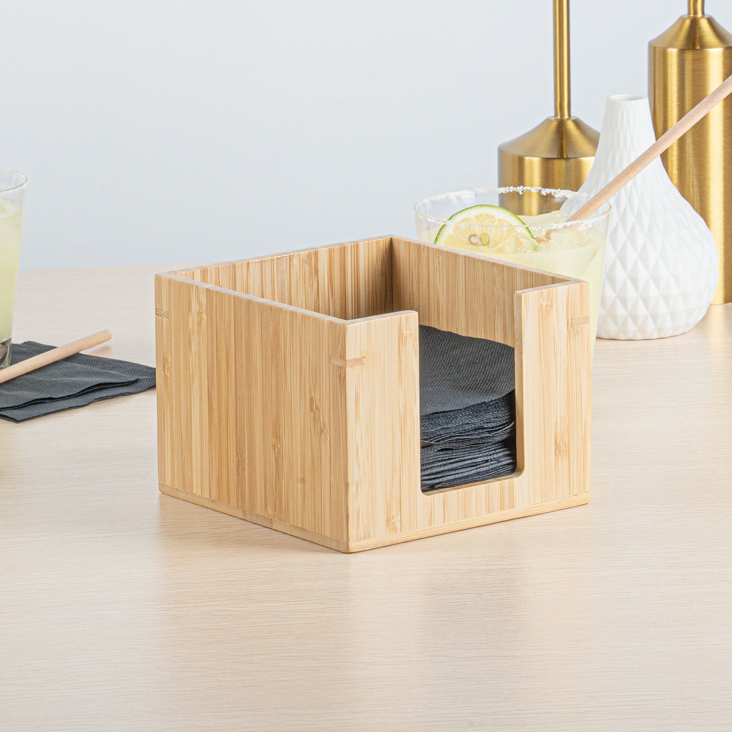 Nature Tek Square Natural Bamboo Cocktail Napkin Holder - 5 1/2" x 5 1/2" x 4" - 1 count box