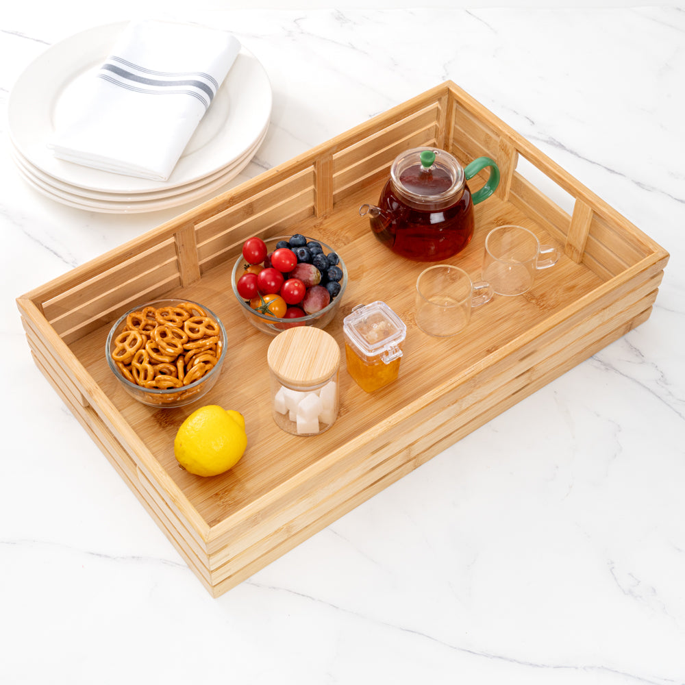 Nature Tek Rectangle Natural Bamboo Serving Tray - with Handles - 20 3/4" x 13" x 3 3/4" - 1 count box