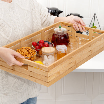 Nature Tek Rectangle Natural Bamboo Serving Tray - with Handles - 20 3/4" x 13" x 3 3/4" - 1 count box