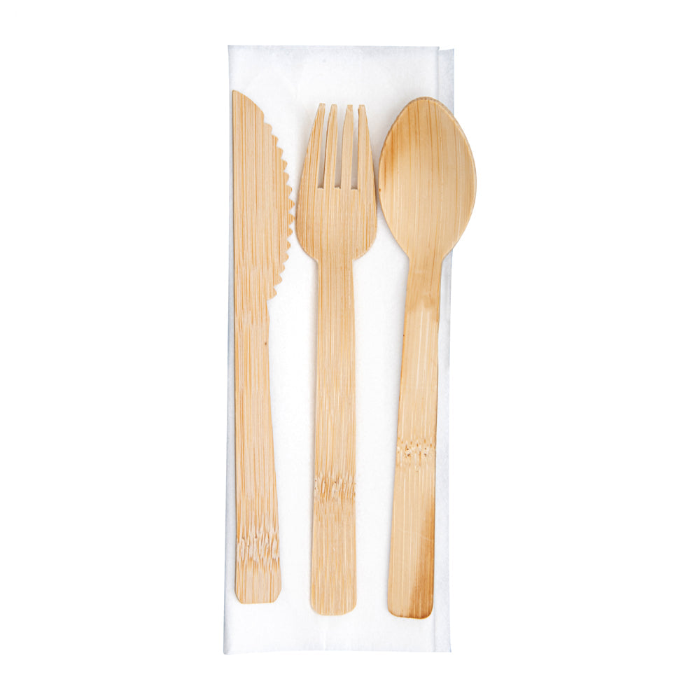Natural Bamboo Flatware Set - with White Napkin - 6 3/4" x 3 1/4" x 3/4" - 100 count box