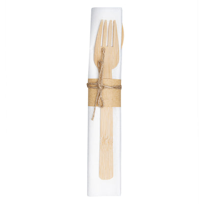 Natural Bamboo Flatware Set - with White Napkin - 6 3/4" x 3 1/4" x 3/4" - 100 count box