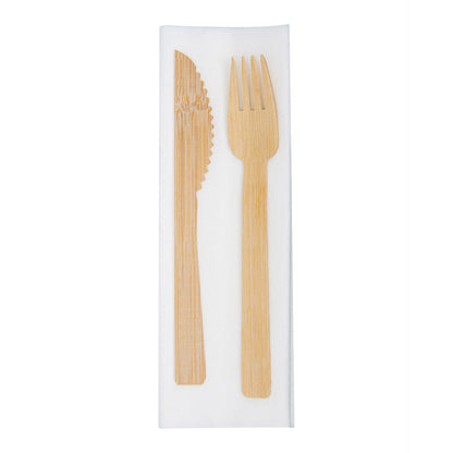 Bambuddha Natural Bamboo Fork / Knife Set - with White Napkin - 6 3/4" x 3 1/4" x 3/4" - 100 count box