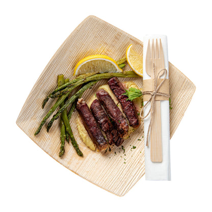 Bambuddha Natural Bamboo Fork / Knife Set - with White Napkin - 6 3/4" x 3 1/4" x 3/4" - 100 count box