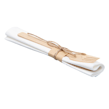 Bambuddha Natural Bamboo Fork / Knife Set - with White Napkin - 6 3/4" x 3 1/4" x 3/4" - 100 count box
