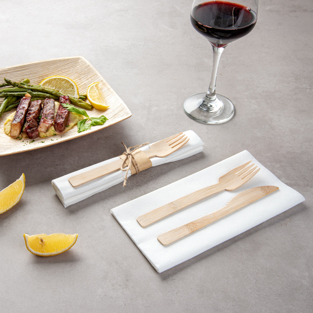 Bambuddha Natural Bamboo Fork / Knife Set - with White Napkin - 6 3/4" x 3 1/4" x 3/4" - 100 count box