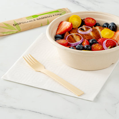 Bambuddha Natural Bamboo Disposable Fork - with Kraft Paper Pouch - 7" x 1" - 100 count box