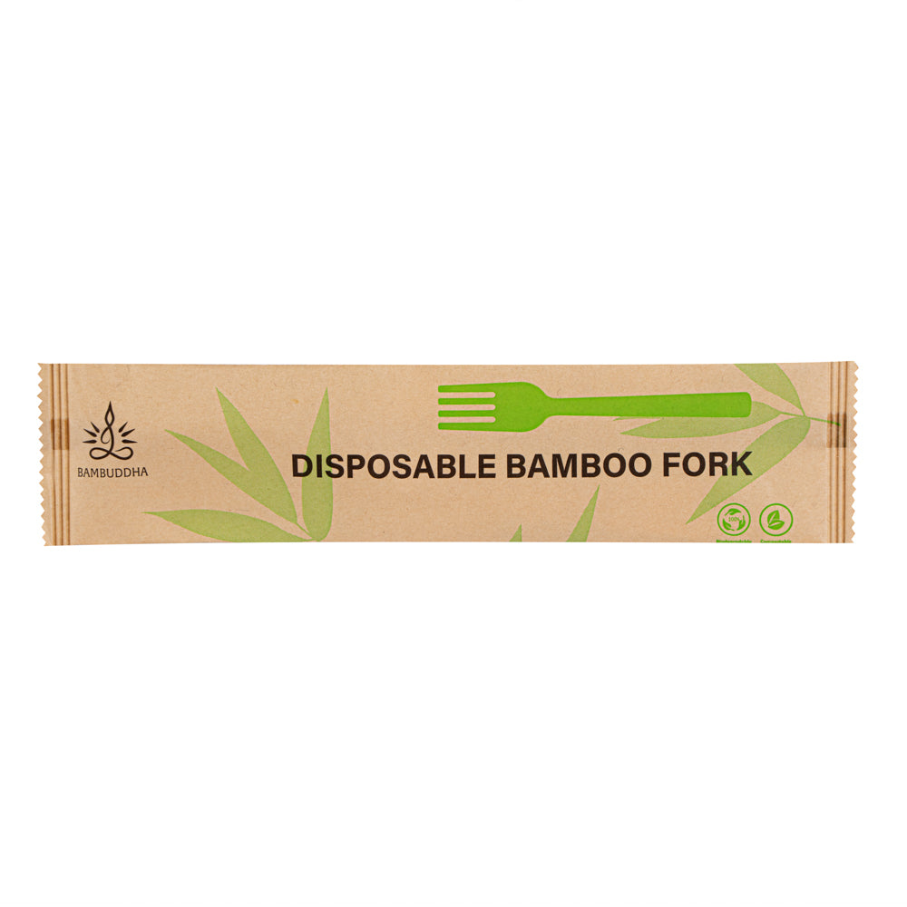 Bambuddha Natural Bamboo Disposable Fork - with Kraft Paper Pouch - 7" x 1" - 1000 count box