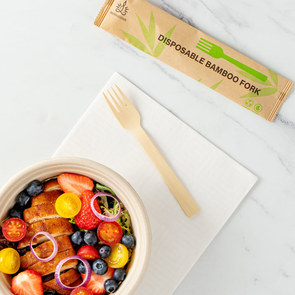 Bambuddha Natural Bamboo Disposable Fork - with Kraft Paper Pouch - 7" x 1" - 1000 count box