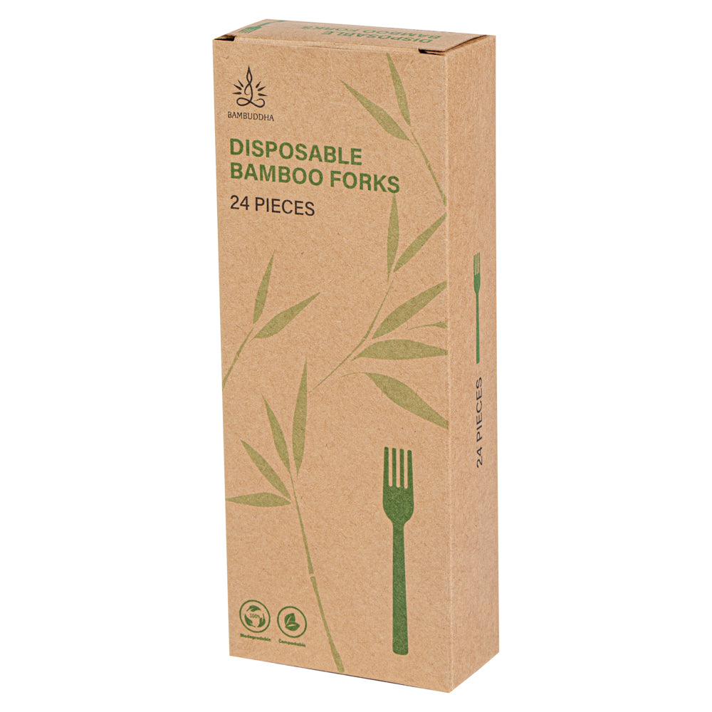 Bambuddha Natural Bamboo Disposable Fork - Retail Pack - 7" x 1" - 24 count box