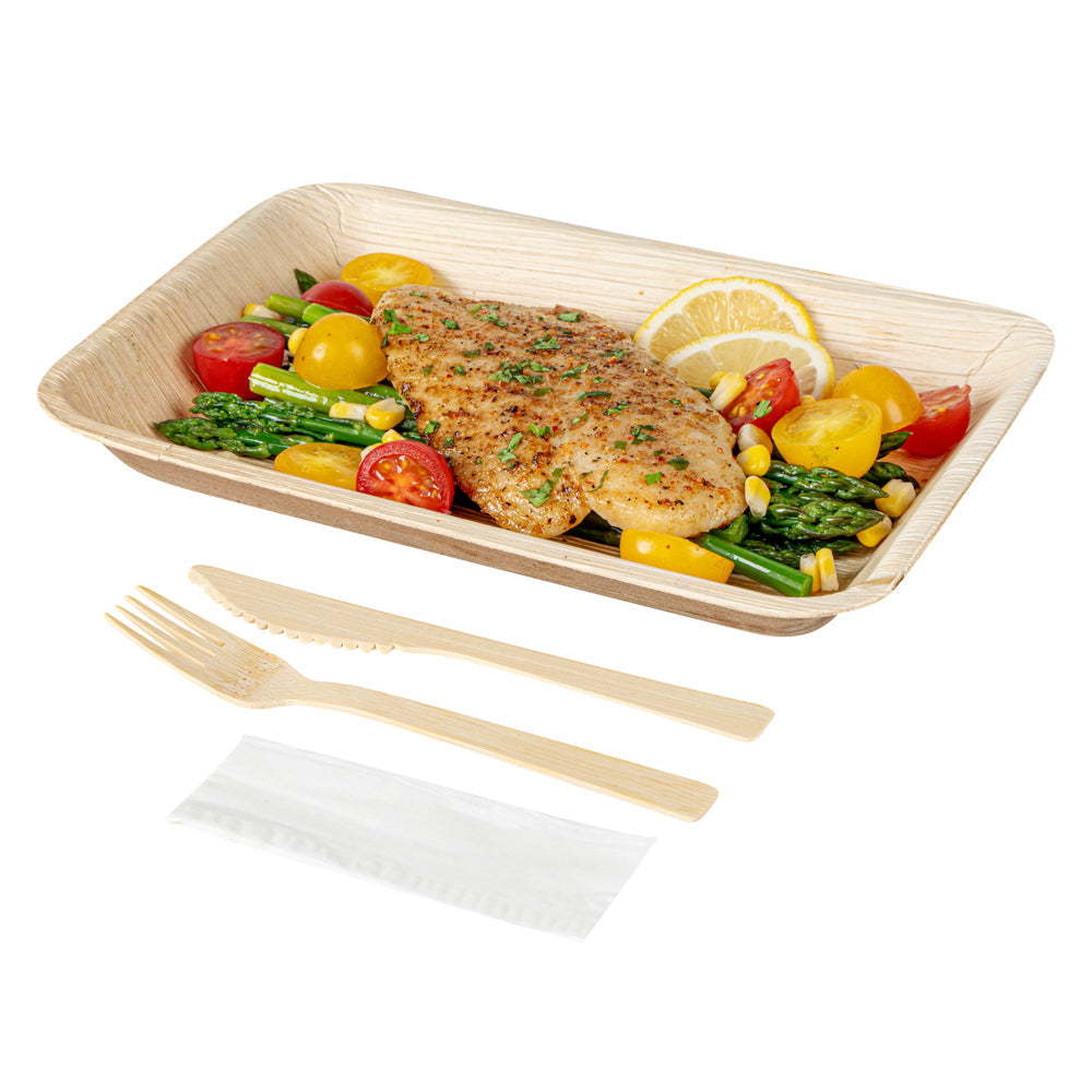 Bambuddha Natural Bamboo Disposable Fork / Knife Set - with White Napkin and Kraft Paper Pouch - 7" - 100 count box