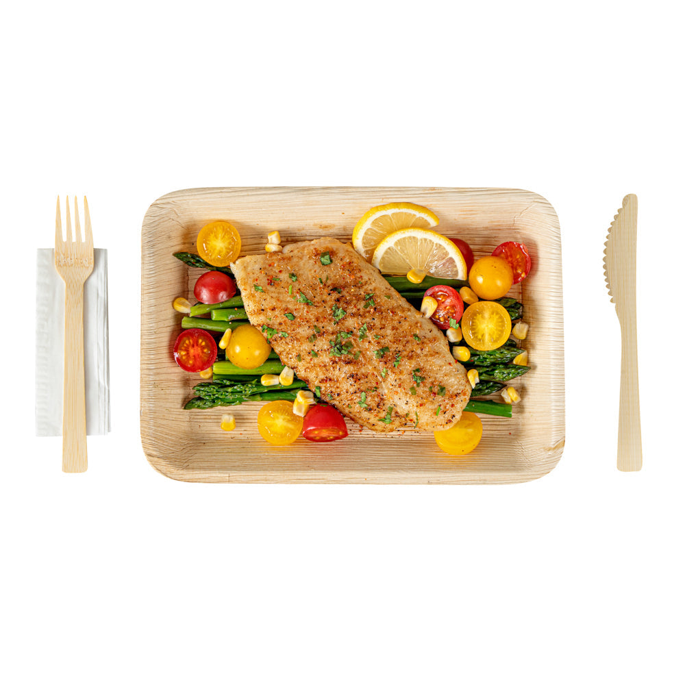 Bambuddha Natural Bamboo Disposable Fork / Knife Set - with White Napkin and Kraft Paper Pouch - 7" - 100 count box