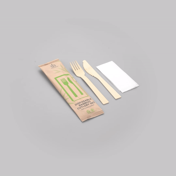 Bambuddha Natural Bamboo Disposable Fork / Knife Set - with White Napkin and Kraft Paper Pouch - 7" - 100 count box