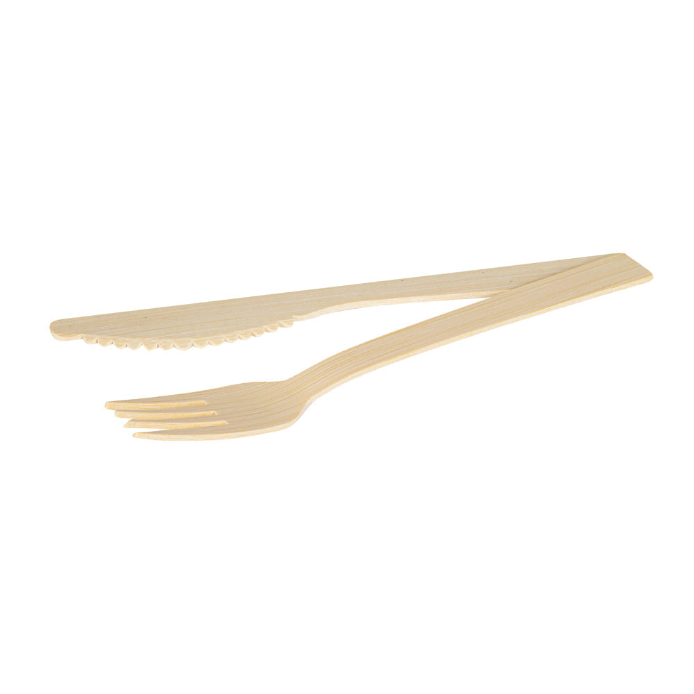 Bambuddha Natural Bamboo Disposable Fork / Knife Set - with White Napkin and Kraft Paper Pouch - 7" - 100 count box