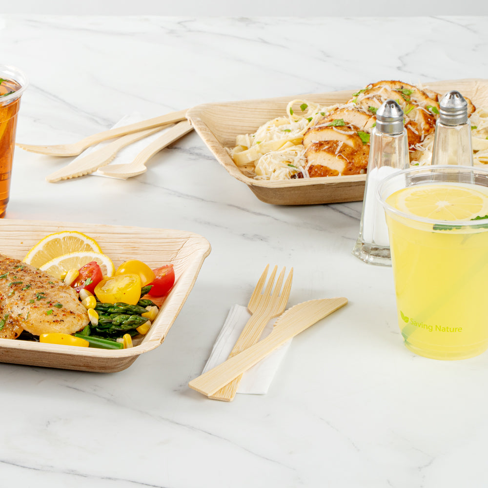 Bambuddha Natural Bamboo Disposable Fork / Knife Set - with White Napkin and Kraft Paper Pouch - 7" - 100 count box