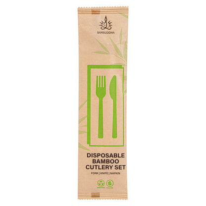 Bambuddha Natural Bamboo Disposable Fork / Knife Set - with White Napkin and Kraft Paper Pouch - 7" - 500 count box