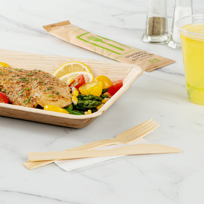 Bambuddha Natural Bamboo Disposable Fork / Knife Set - with White Napkin and Kraft Paper Pouch - 7" - 500 count box