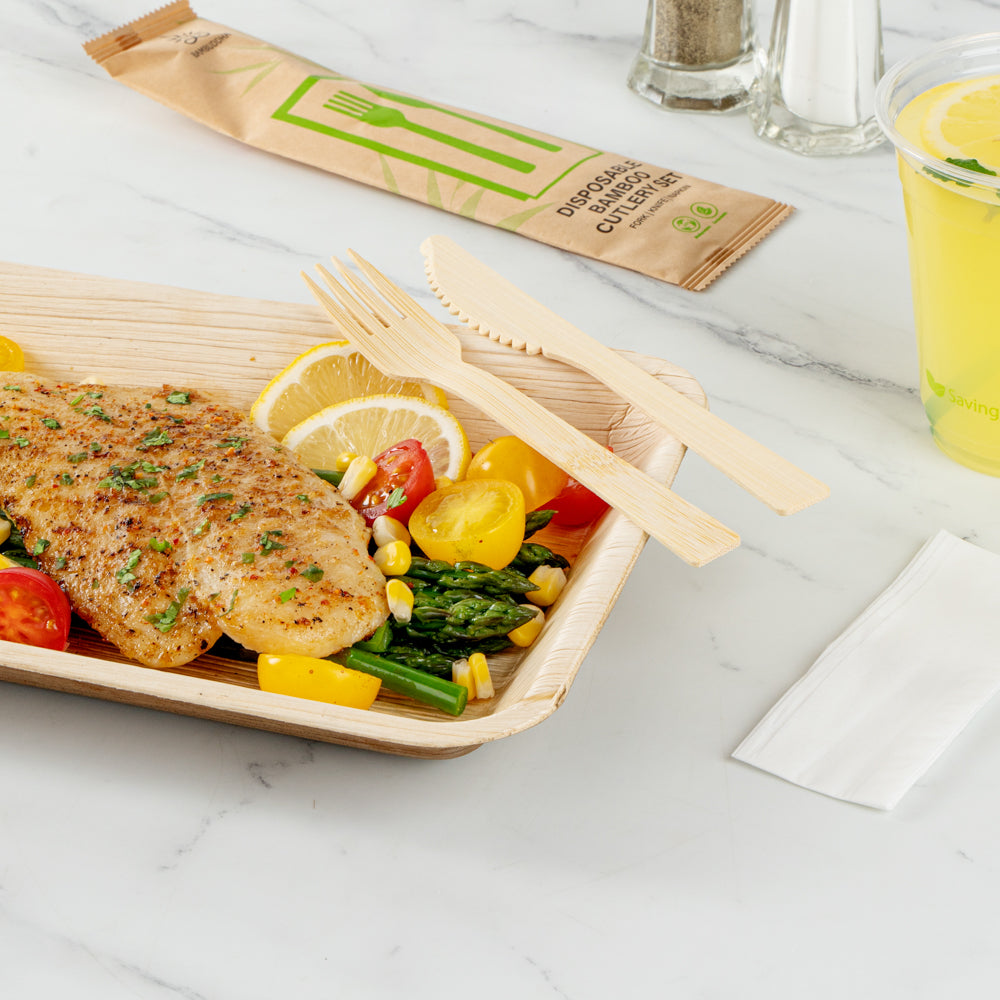 Bambuddha Natural Bamboo Disposable Fork / Knife Set - with White Napkin and Kraft Paper Pouch - 7" - 500 count box