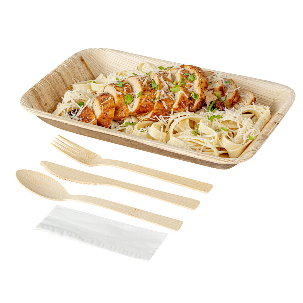 Bambuddha Natural Bamboo Disposable Cutlery Set - with White Napkin and Kraft Paper Pouch - 7" - 100 count box