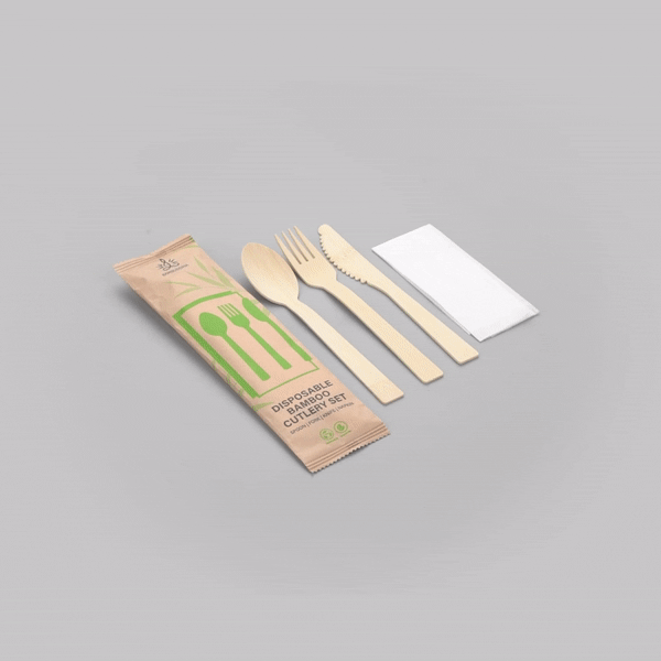Bambuddha Natural Bamboo Disposable Cutlery Set - with White Napkin and Kraft Paper Pouch - 7" - 100 count box