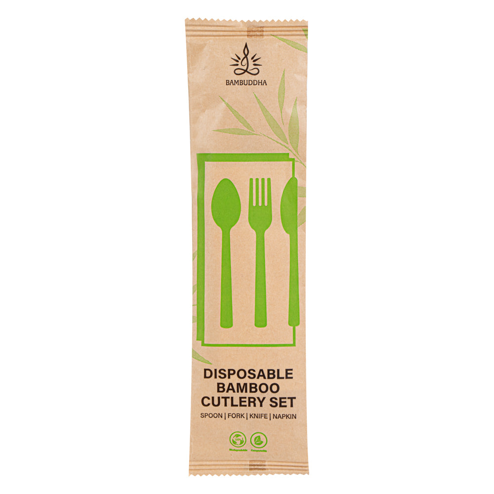 Bambuddha Natural Bamboo Disposable Cutlery Set - with White Napkin and Kraft Paper Pouch - 7" - 100 count box