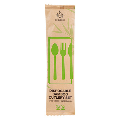 Bambuddha Natural Bamboo Disposable Cutlery Set - with White Napkin and Kraft Paper Pouch - 7" - 500 count box