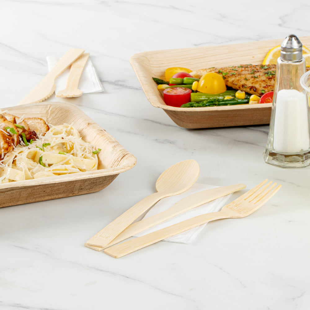 Bambuddha Natural Bamboo Disposable Cutlery Set - with White Napkin and Kraft Paper Pouch - 7" - 500 count box