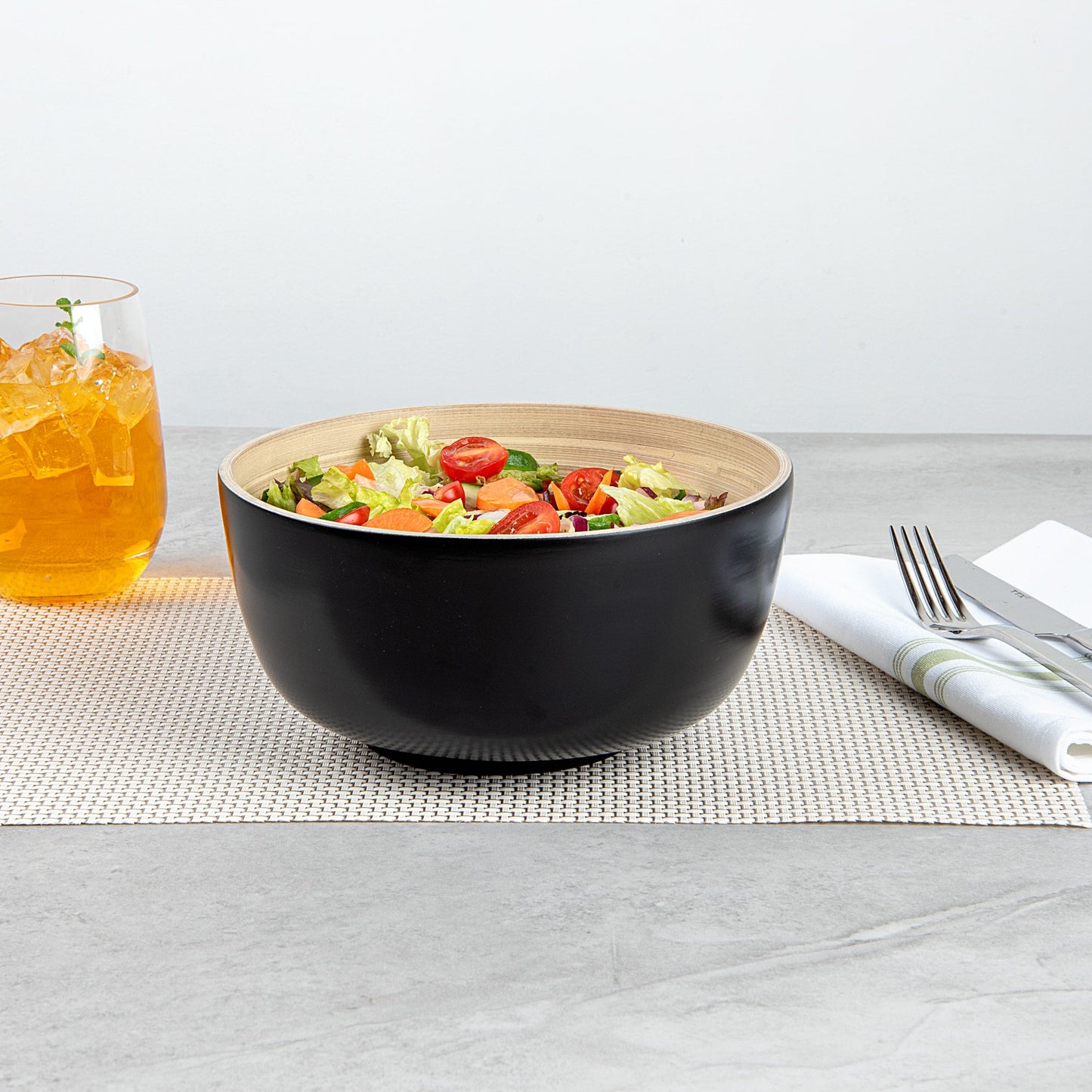 Bambuddha 15 oz Round Black Spun Bamboo Small Salad Bowl - 7 3/4" x 7 3/4" x 4" - 1 count box