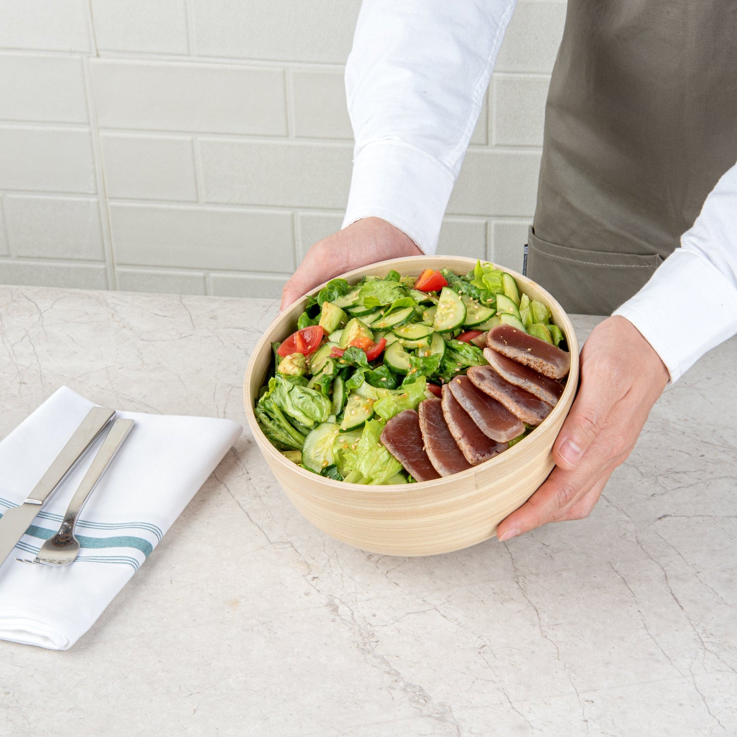 Bambuddha 15 oz Round Natural Spun Bamboo Small Salad Bowl - 7 3/4" x 7 3/4" x 4" - 1 count box
