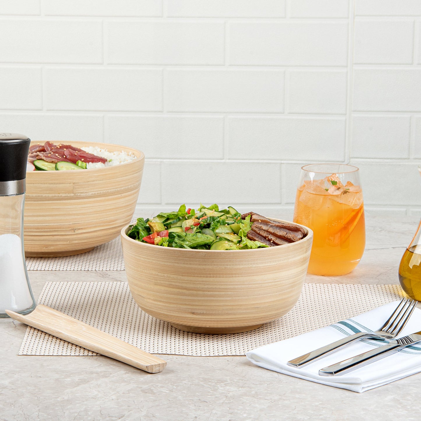 Bambuddha 15 oz Round Natural Spun Bamboo Small Salad Bowl - 7 3/4" x 7 3/4" x 4" - 1 count box