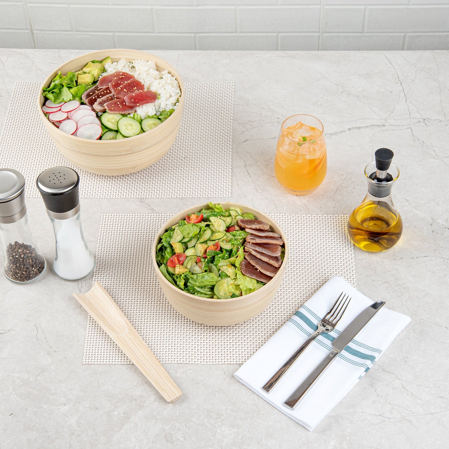 Bambuddha 15 oz Round Natural Spun Bamboo Small Salad Bowl - 7 3/4" x 7 3/4" x 4" - 1 count box