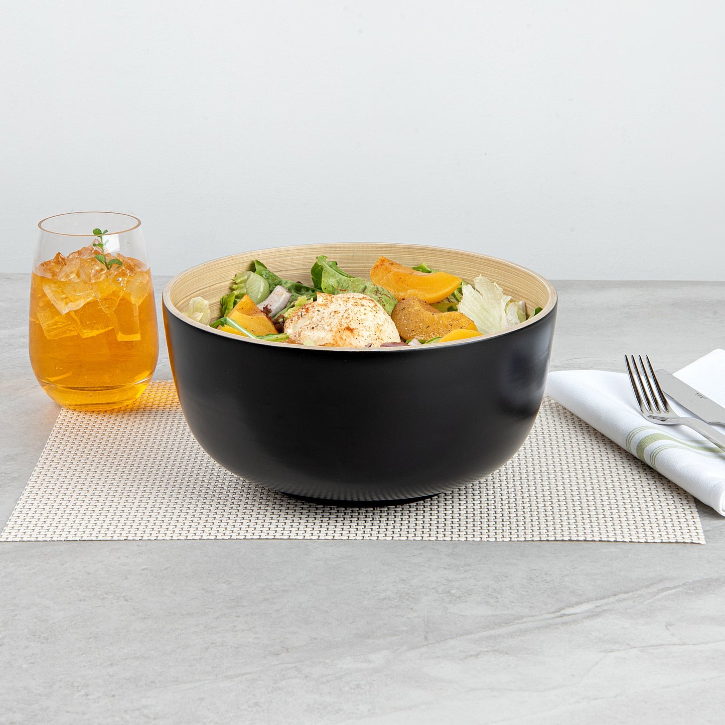Bambuddha 25 oz Round Black Spun Bamboo Medium Salad Bowl - 9 1/2" x 9 1/2" x 4 3/4" - 1 count box