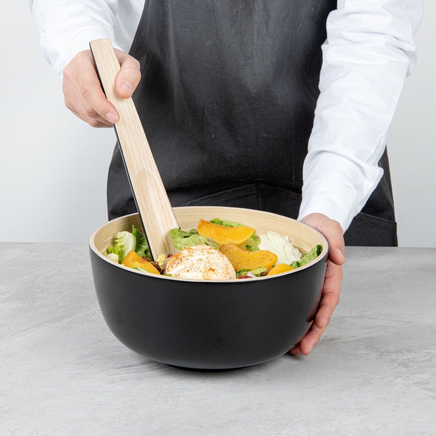 Bambuddha 25 oz Round Black Spun Bamboo Medium Salad Bowl - 9 1/2" x 9 1/2" x 4 3/4" - 1 count box