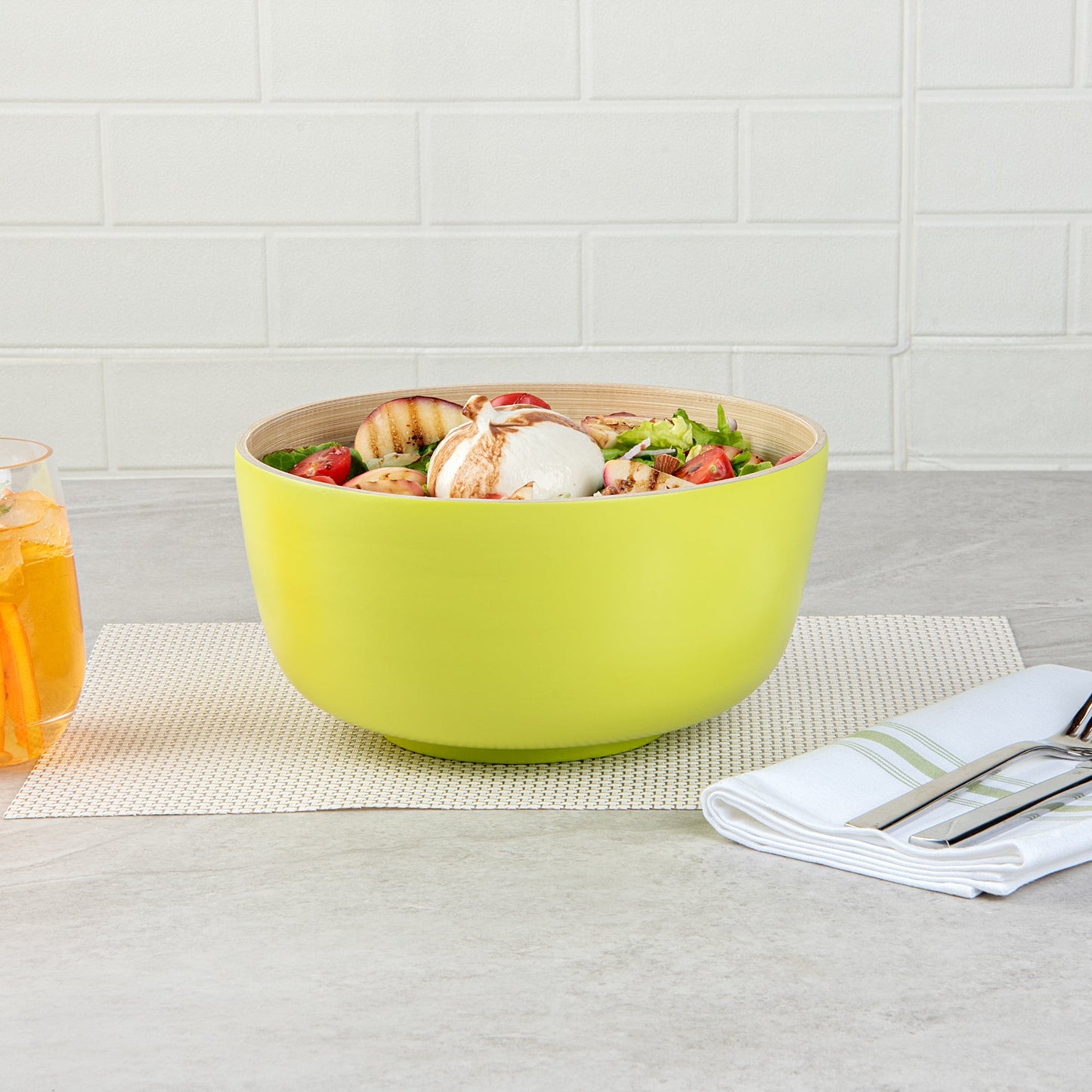 Bambuddha 25 oz Round Green Spun Bamboo Medium Salad Bowl - 9 1/2" x 9 1/2" x 4 3/4" - 1 count box