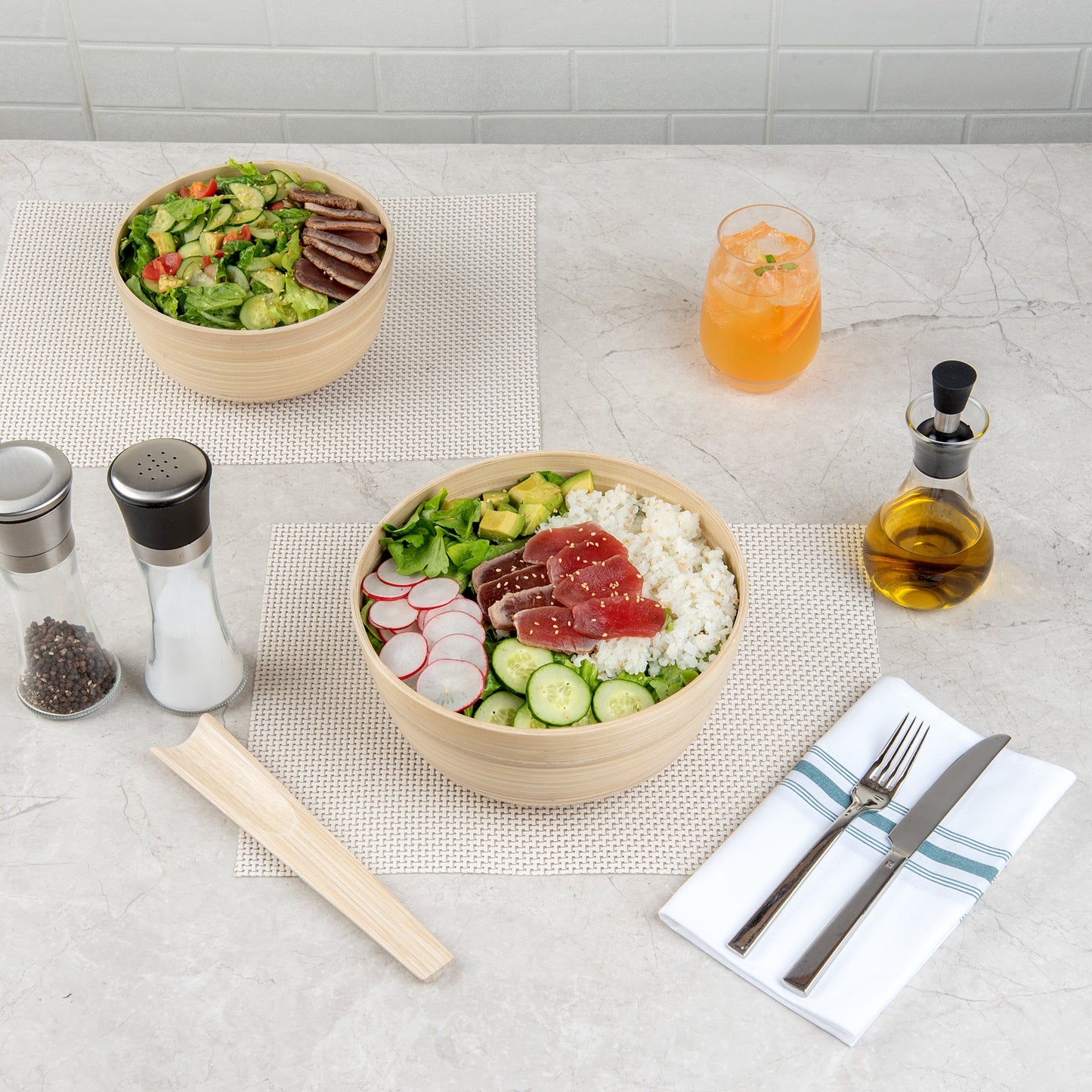 Bambuddha 25 oz Round Natural Spun Bamboo Medium Salad Bowl - 9 1/2" x 9 1/2" x 4 3/4" - 1 count box